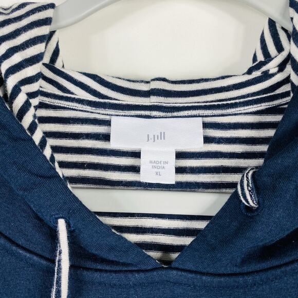 J. Jill Size XL Layered Stripe Hooded Top Navy Blue Cotton Modal - Picture 7 of 9